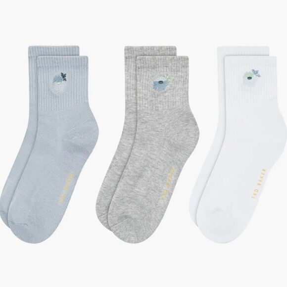 Ted Baker Blue Gray White High Quarter Crew Floral Embroidery Stretch Socks 3pk - Picture 2 of 12